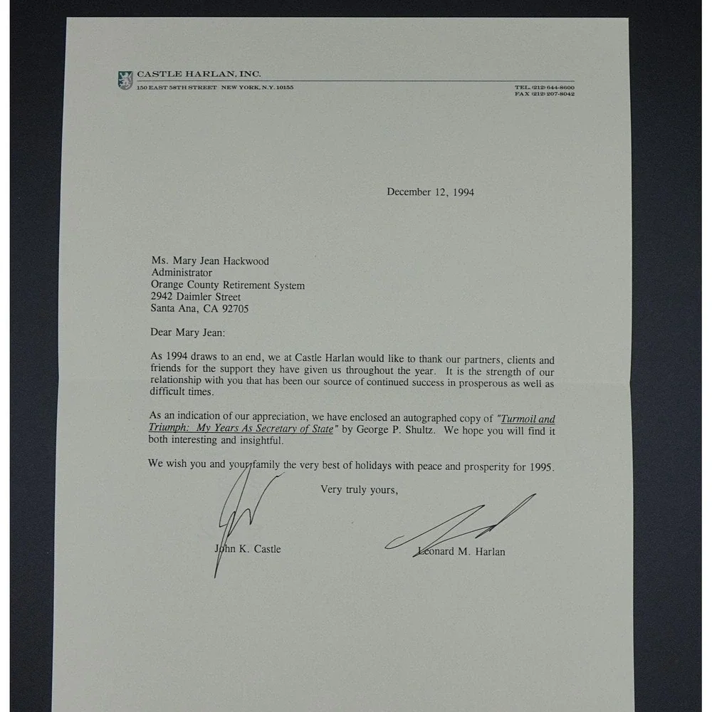 Signed‎ George P. Shultz Turmoil and Triumph 1st Ed +1994 Castle Harlan Letter